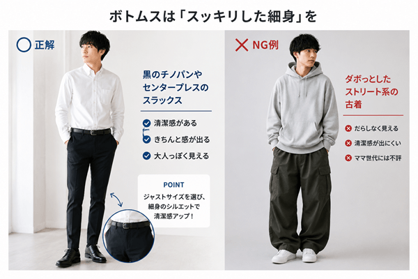 ボトムスは「スッキリした細身」を